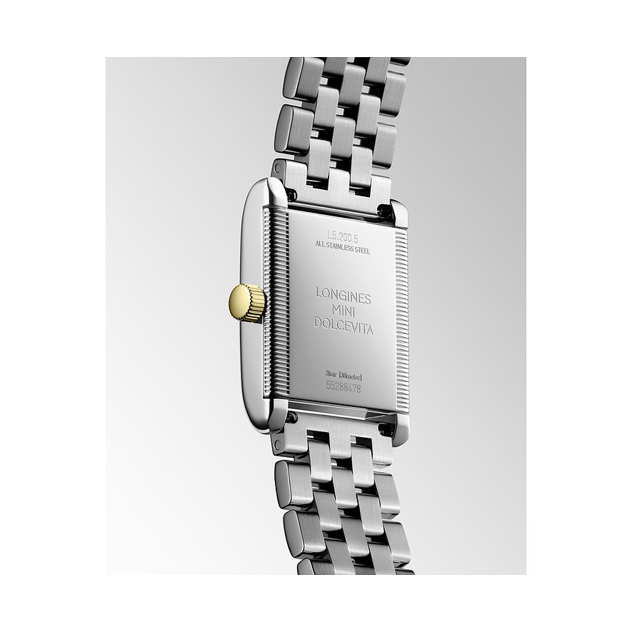 Longines Damenuhr aus Edelstahl mit Gelbgold-Krone, rechteckiges Gehäuse.
