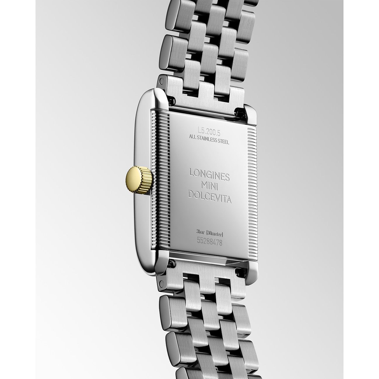 Longines Damenuhr aus Edelstahl mit Gelbgold-Krone, rechteckiges Gehäuse.