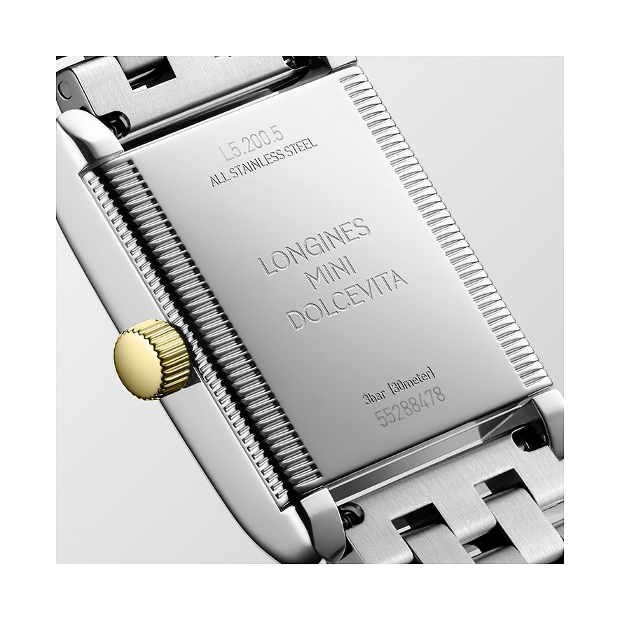 Longines Damenuhr aus Edelstahl mit Gelbgold-Krone, rechteckiges Gehäuse.