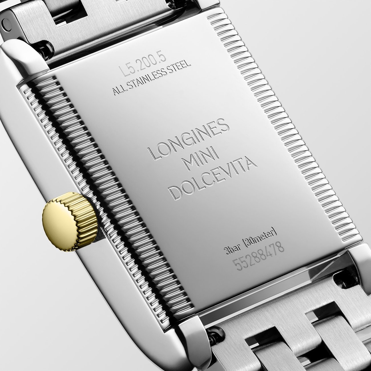 Longines Damenuhr aus Edelstahl mit Gelbgold-Krone, rechteckiges Gehäuse.