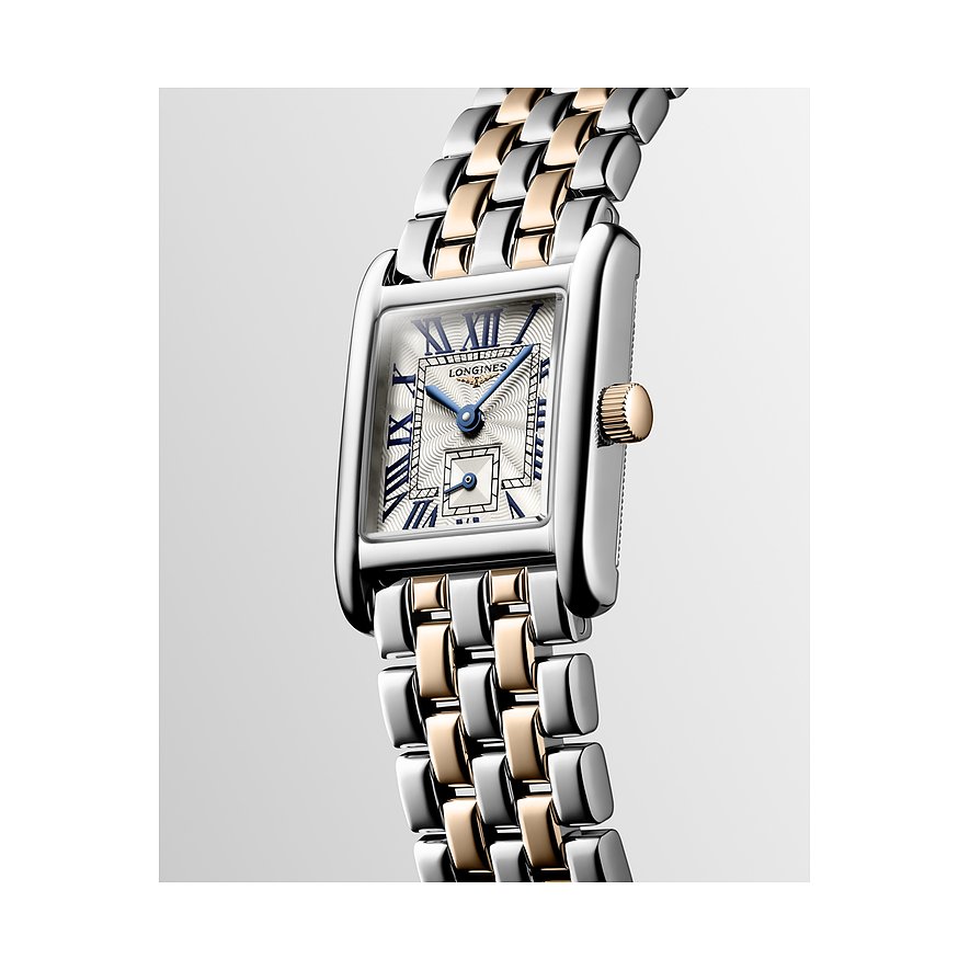 Longines Damenuhr mit Edelstahlgehäuse, bicolor, analog mit römischen Ziffern.