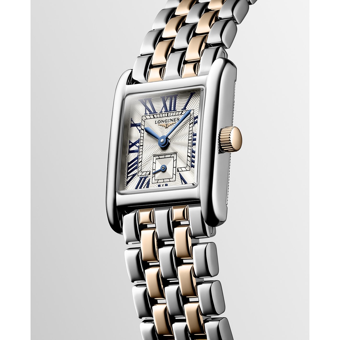 Longines Damenuhr mit Edelstahlgehäuse, bicolor, analog mit römischen Ziffern.