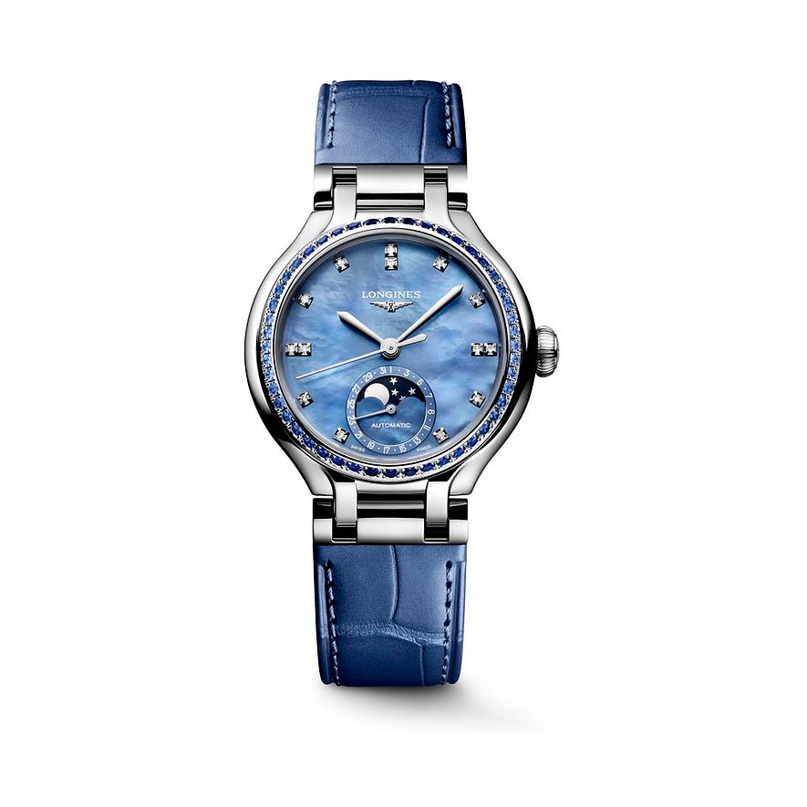 Longines Damenuhr aus Edelstahl mit Diamanten und blauem Lederarmband, blauem Perlmuttzifferblatt.