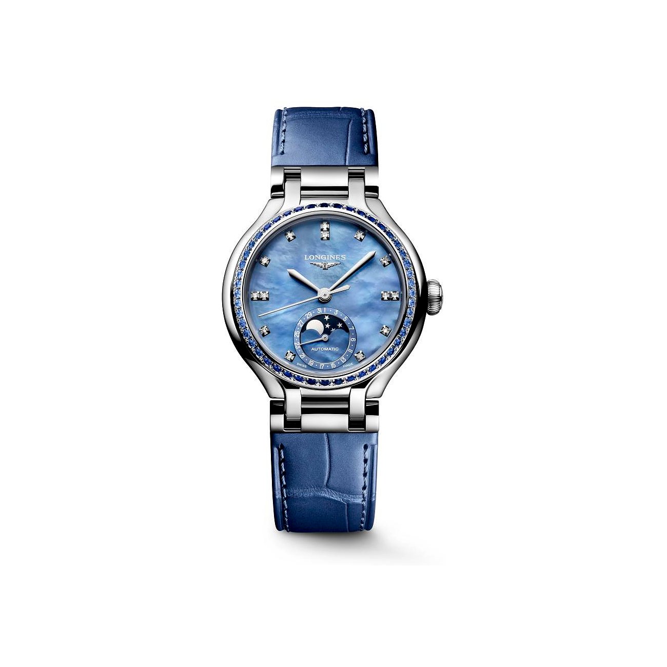 Longines Damenuhr aus Edelstahl mit Diamanten und blauem Lederarmband, blauem Perlmuttzifferblatt.