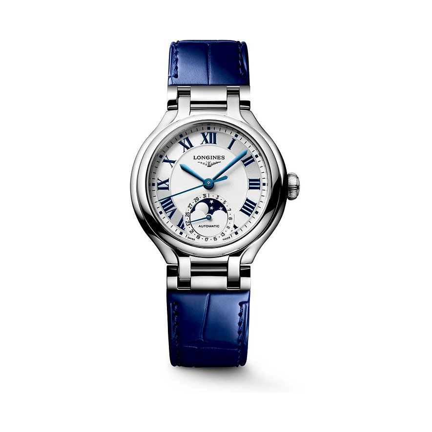 Longines Damenuhr LONGINES PRIMALUNA MOONPHASE L81264712, Damen, Edelstahl, Armband: Alligator, Automatik, analog