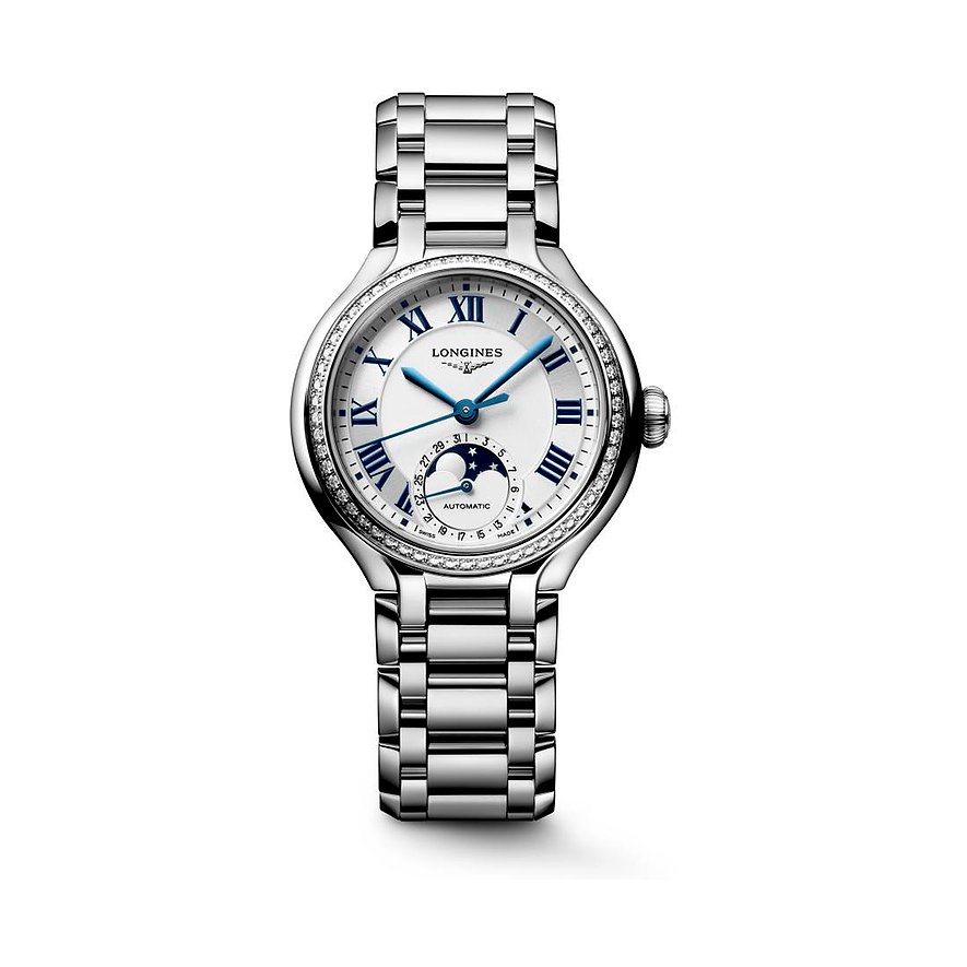 Die Longines Damenuhr aus Edelstahl hat ein rundes weißes Zifferblatt mit blauen Zeigern und römischen Ziffern.