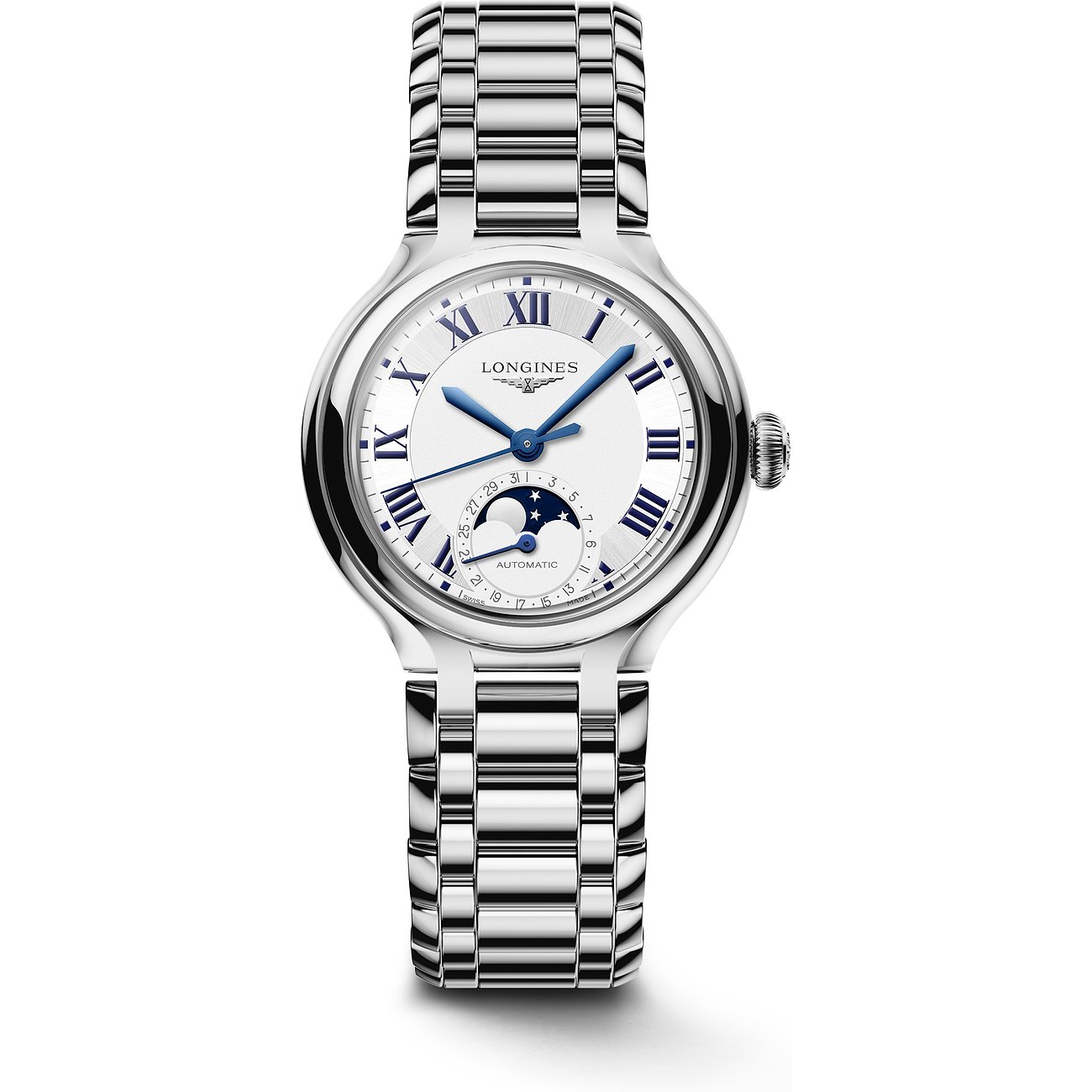 Longines Damenuhr mit Edelstahlgehäuse, analog, mit Mondphasenanzeige.