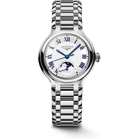Longines Damenuhr mit Edelstahlgehäuse, analog, mit Mondphasenanzeige.