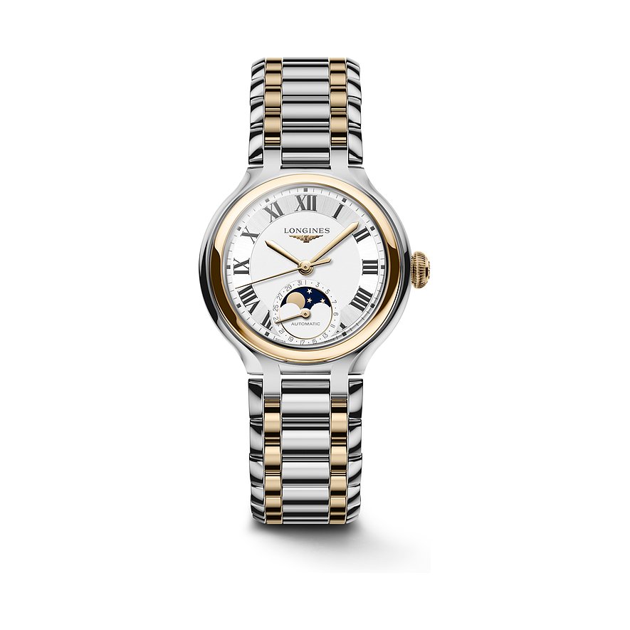 Longines Damenuhr Longines PrimaLuna L81265717, Damen, Edelstahl, 750er Gelbgold, Armband: Gold, Edelstahl, Automatik, analog