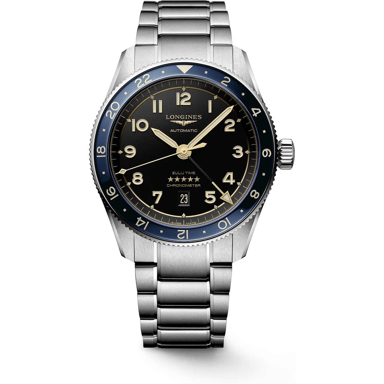 Longines Herrenuhr mit Edelstahlgehäuse, schwarzem Zifferblatt und blauer Lünette.