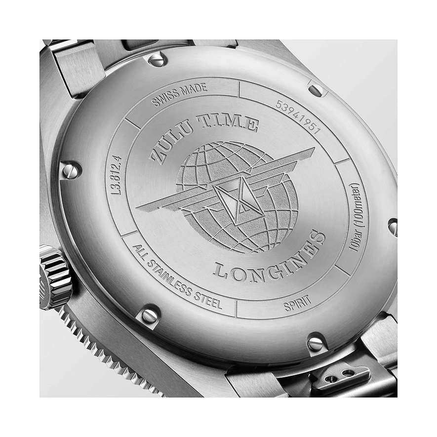 Longines Herrenuhr mit Edelstahlgehäuse, analog, mit Weltkugel-Gravur auf dem Boden.