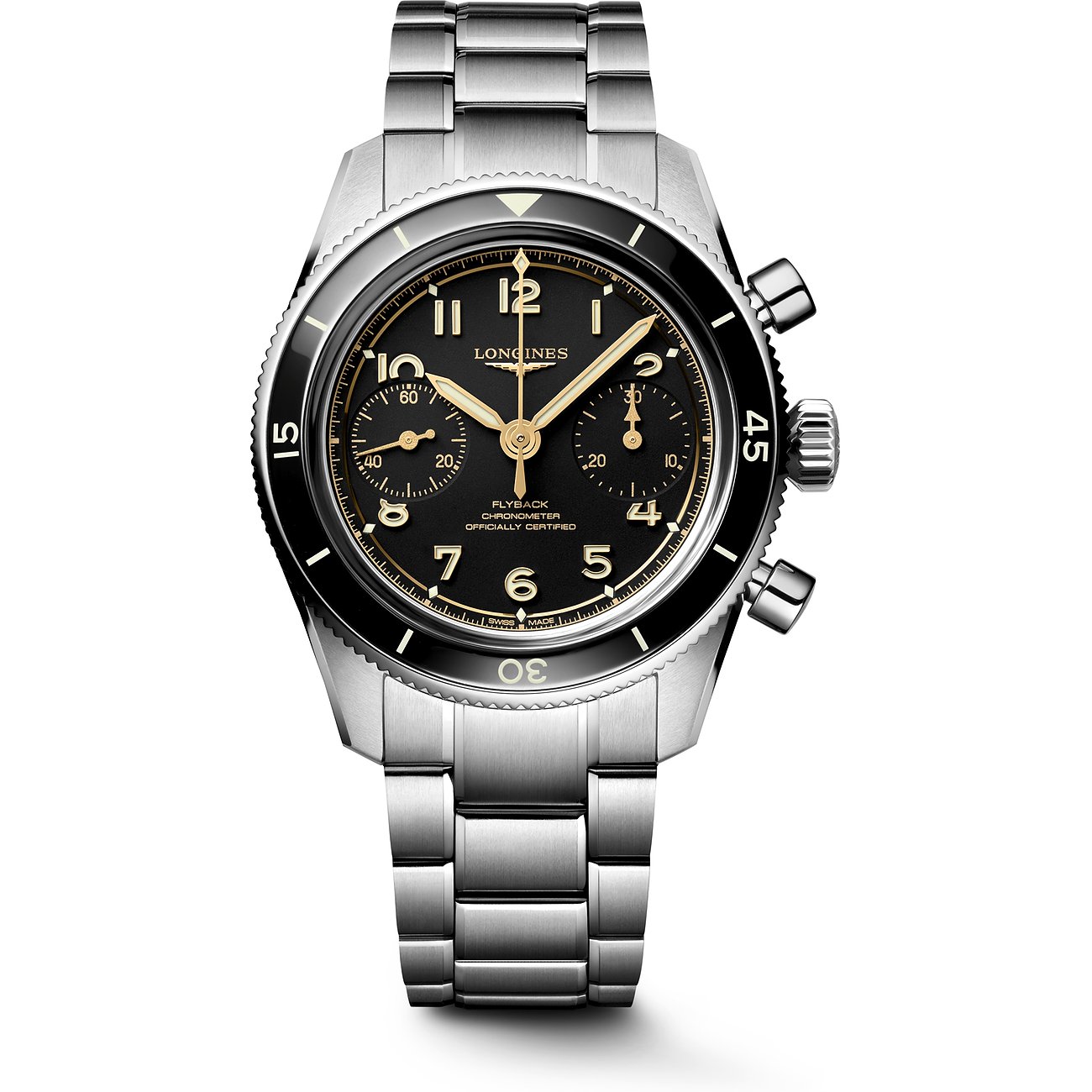Longines Herrenuhr aus Edelstahl und Keramik, Vorderansicht. Das Zifferblatt ist schwarz goldfarben.