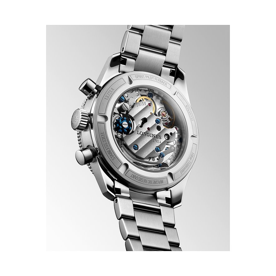 Rückansicht der Longines Herrenuhr aus Edelstahl mit sichtbarem Uhrwerk und Beschriftung.