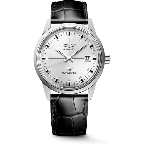 Longines Herrenuhr aus Edelstahl mit silbernem Zifferblatt und schwarzem Lederarmband, Vorderansicht.