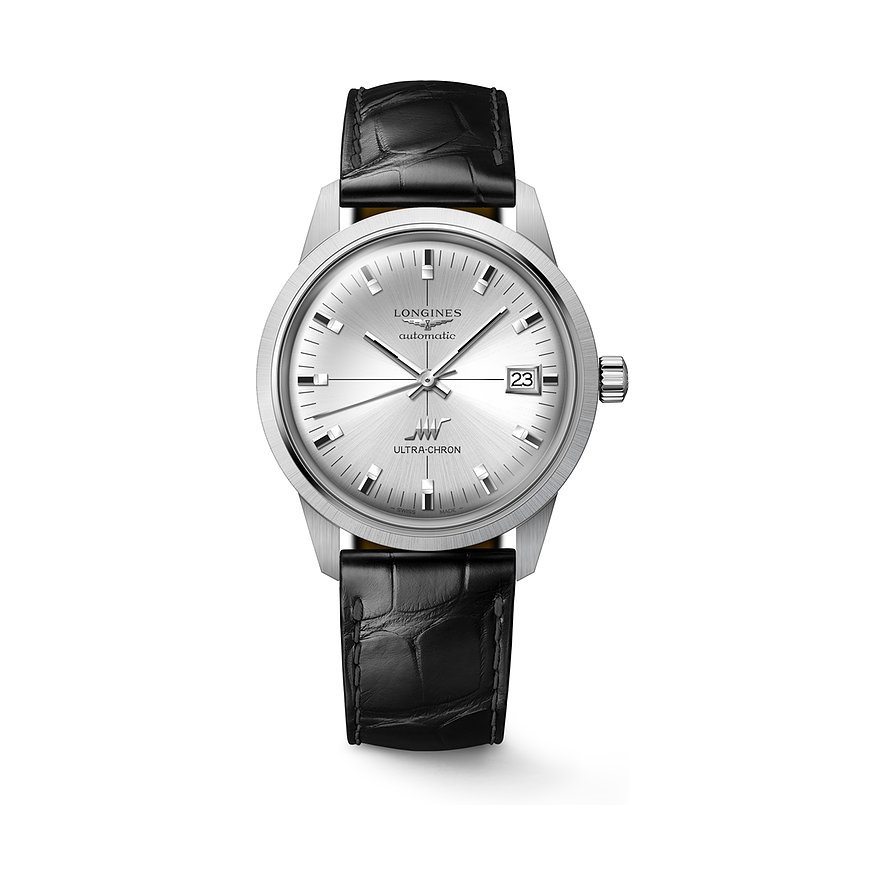 Longines Unisexuhr aus Edelstahl mit silbernem Zifferblatt, Datumsanzeige und schwarzem Krokoprägung-Lederarmband.