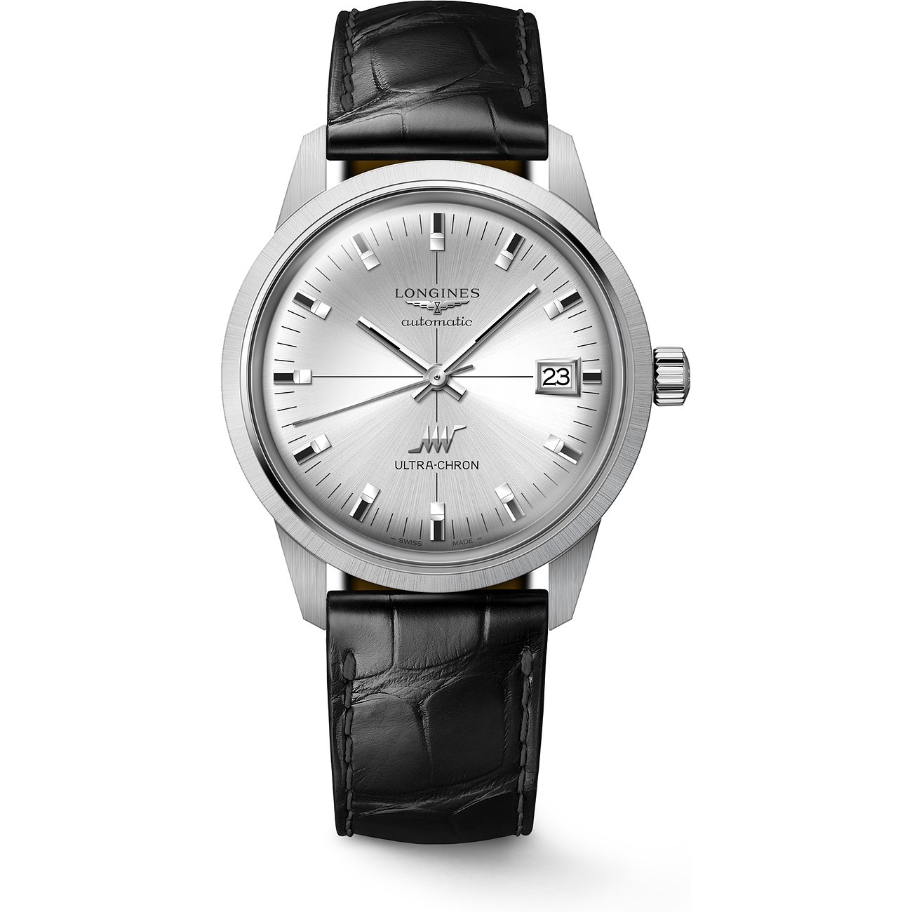 Longines Unisexuhr aus Edelstahl mit silbernem Zifferblatt, Datumsanzeige und schwarzem Krokoprägung-Lederarmband.