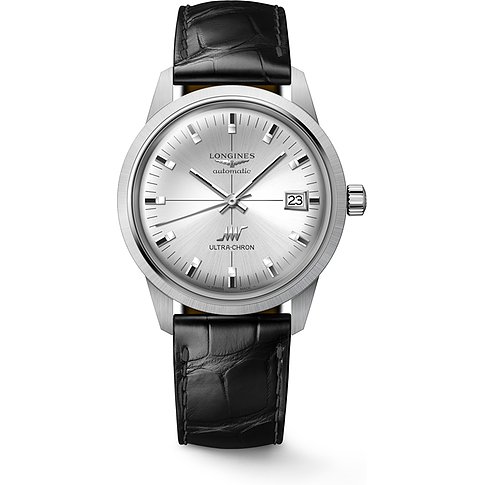 Longines Unisexuhr aus Edelstahl mit silbernem Zifferblatt, Datumsanzeige und schwarzem Krokoprägung-Lederarmband.
