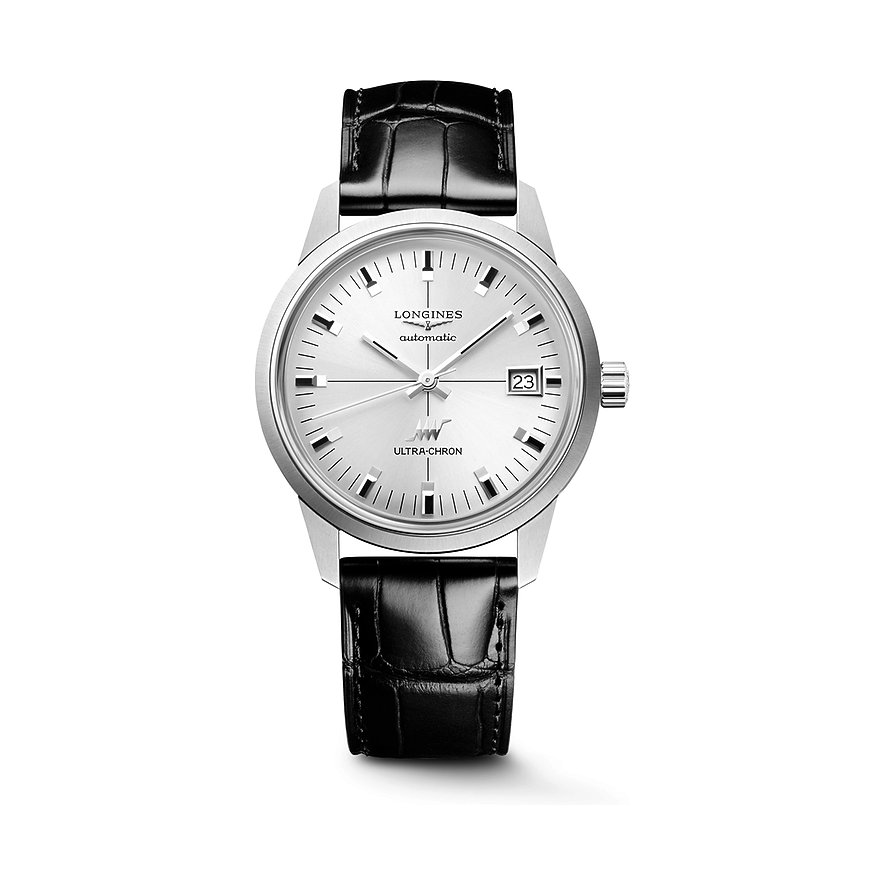 Longines Unisexuhr aus mattem Edelstahl mit silbernem Zifferblatt, schwarzem Lederarmband und Datumsanzeige.
