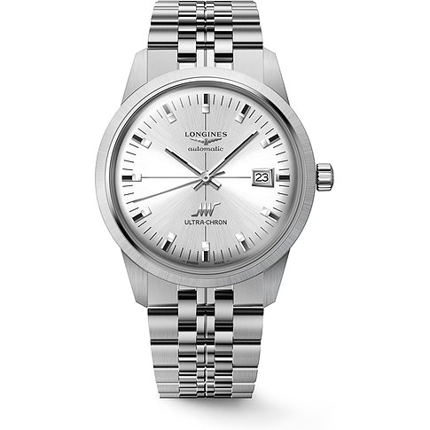 Longines Herrenuhr aus Edelstahl, frontale Ansicht. Die Automatikuhr hat ein silbernes Zifferblatt mit Datumsanzeige.