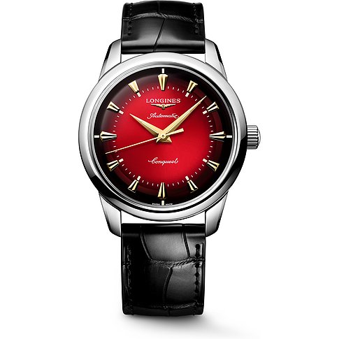 Longines Herrenuhr mit Edelstahlgehäuse, rotem Zifferblatt und goldenen Indizes.