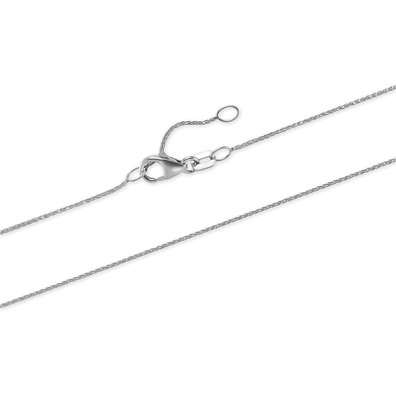 Collier CHRIST en or blanc 585 avec chaîne maille forçat fine et fermoir mousqueton, vue oblique du dessus.