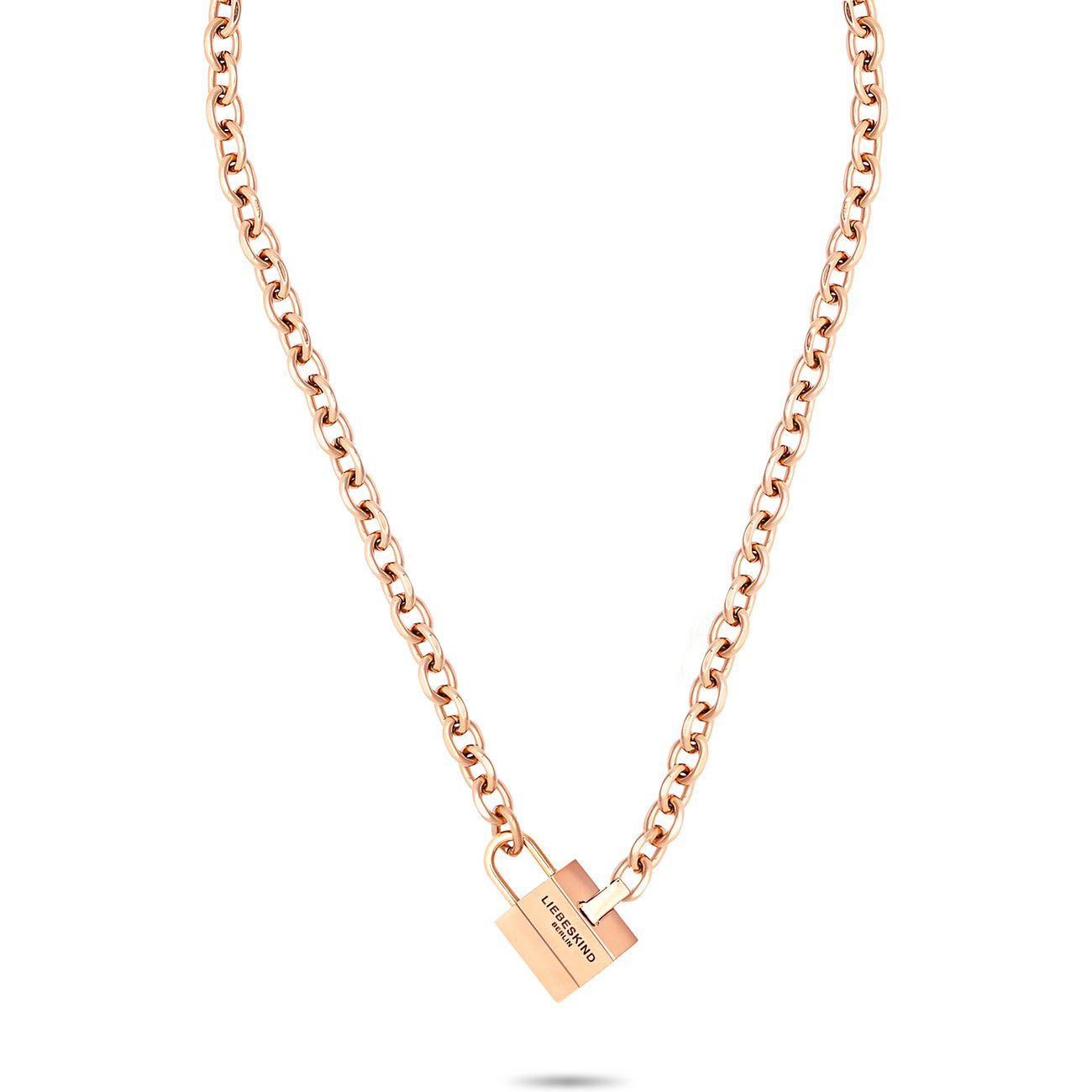 Collier Liebeskind en acier inoxydable, de couleur rose, avec un pendentif cadenas.