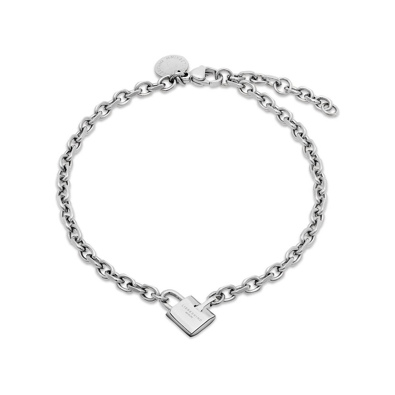 Liebeskind-armband i rostfritt stål med ett lås som hänge.