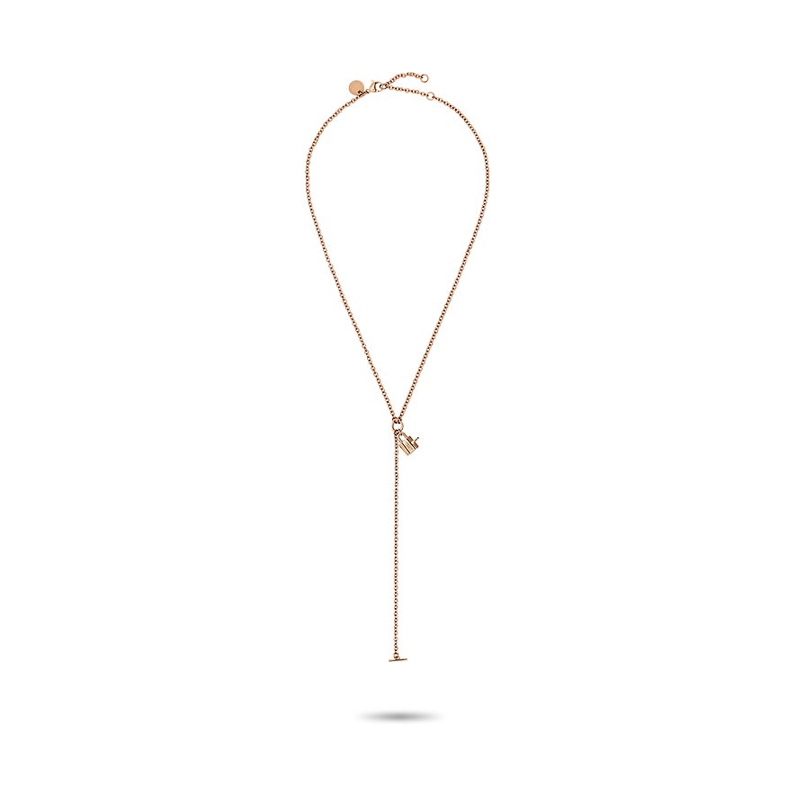 Liebeskind halsband i rostfritt stål med hängsmycke i form av ett hänglås och T-lås.