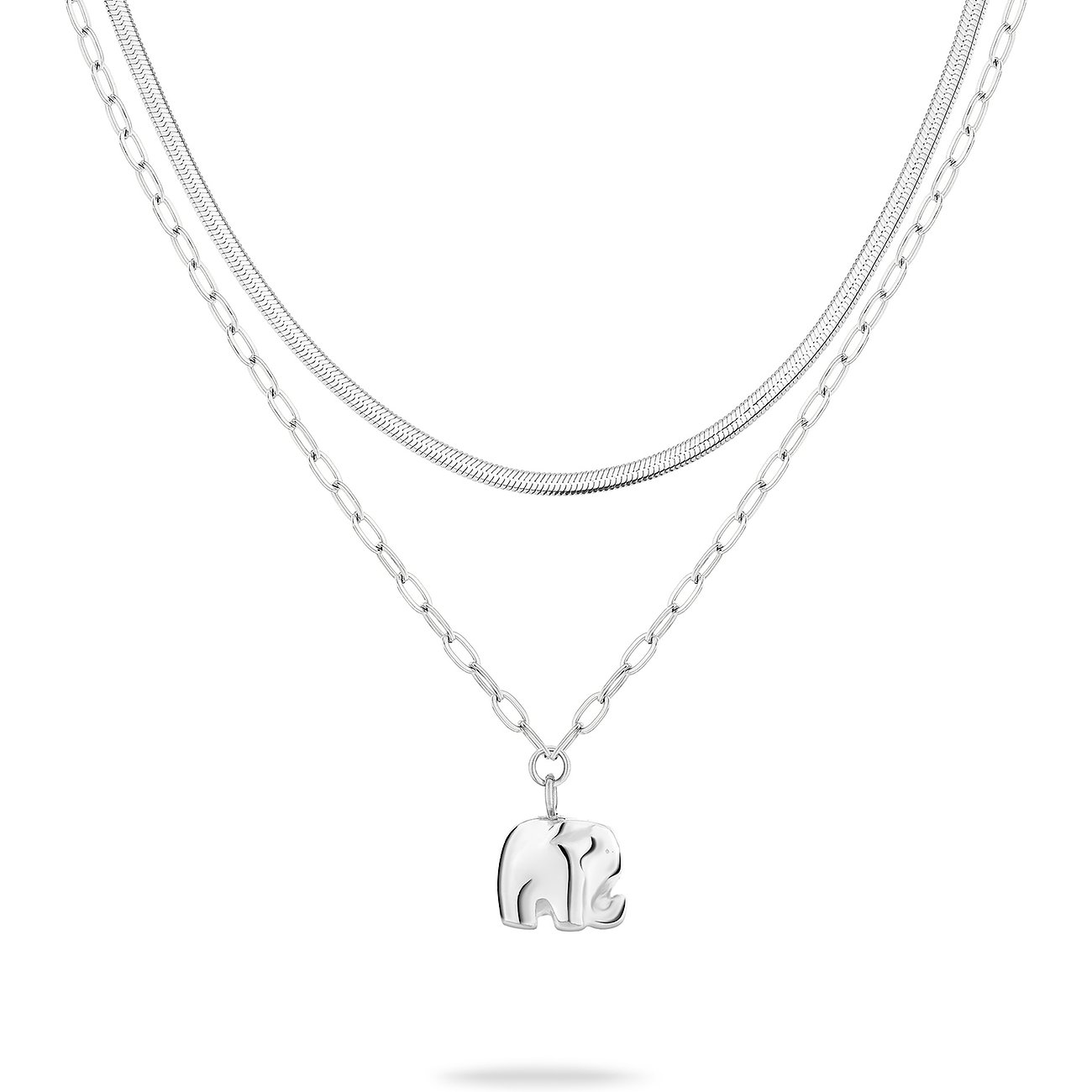 Tamaris Halsschmuck aus Edelstahl mit Elefantenanhänger und zwei verschiedenen Ketten.