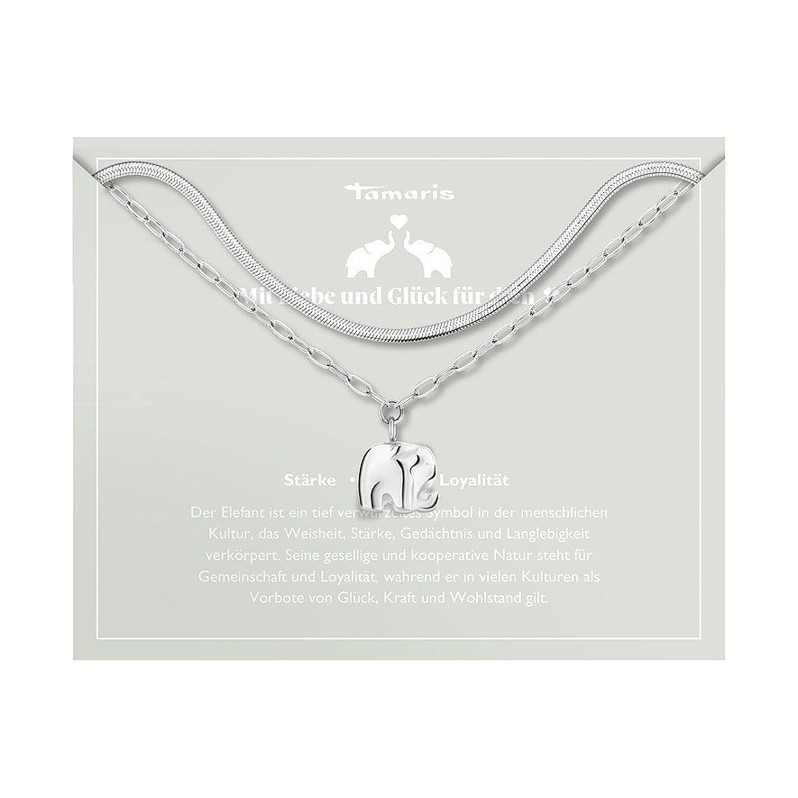 Tamaris Halsschmuck aus Edelstahl mit Elefantenanhänger und zwei verschiedenen Ketten.