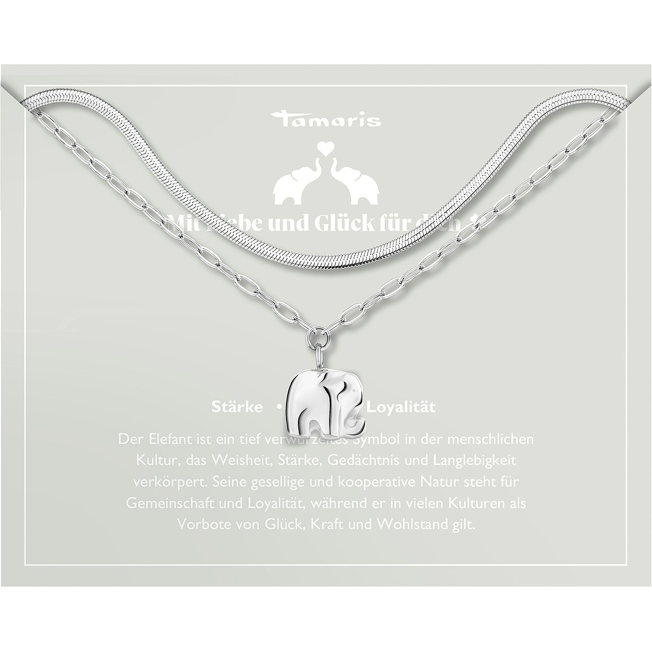 Tamaris Halsschmuck aus Edelstahl mit Elefantenanhänger und zwei verschiedenen Ketten.