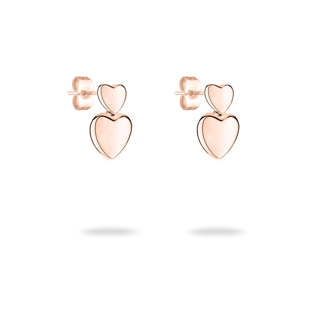 Tamaris örhängen i rostfritt stål, roséguld färgad, med två hjärtan.