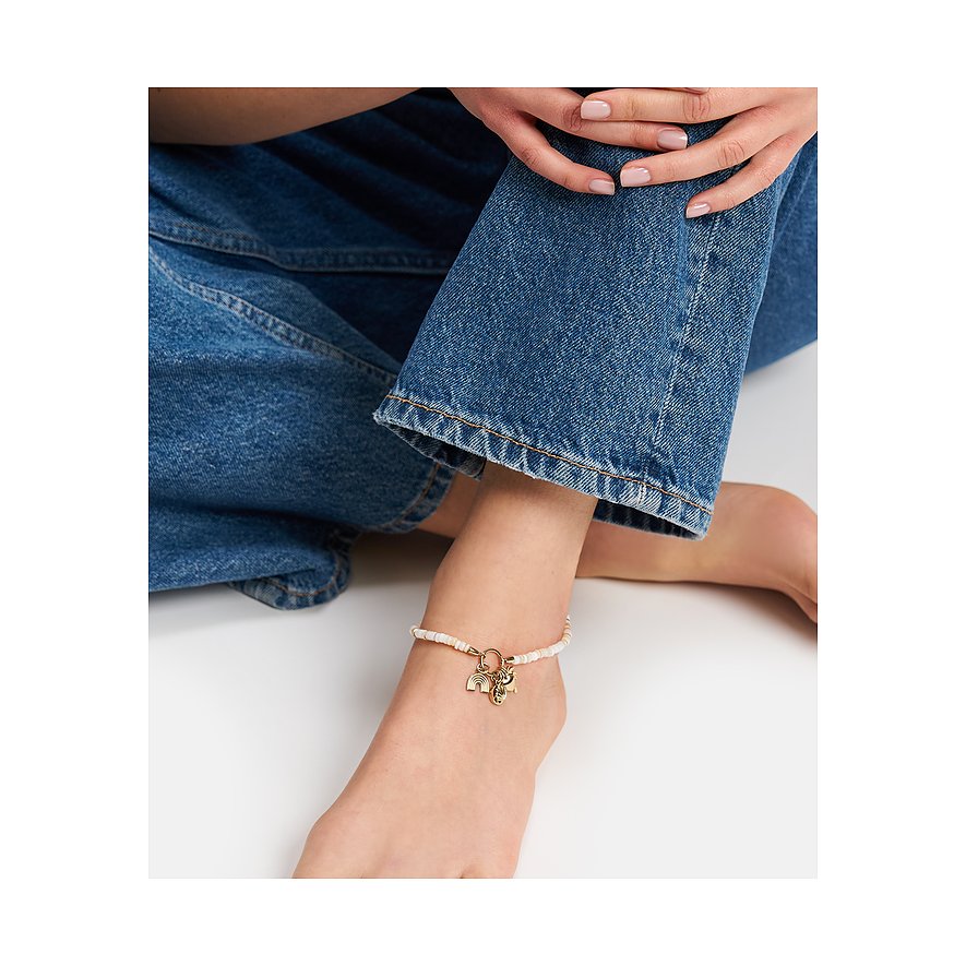 Tamaris Fußkette aus Edelstahl mit Farbstein und Regenbogen-Anhänger.