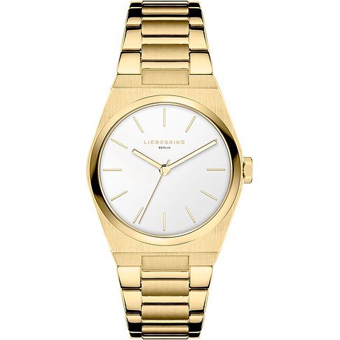 Montre pour femme Liebeskind en acier inoxydable, couleur or, avec cadran blanc.