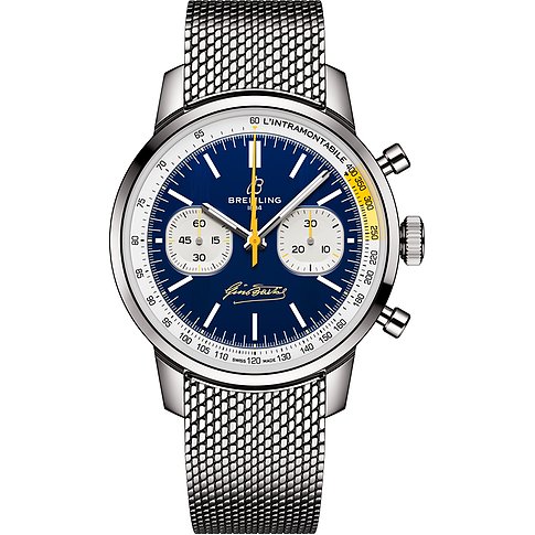 Breitling Herrenuhr aus Edelstahl mit blauem Zifferblatt und Mesh-Armband.