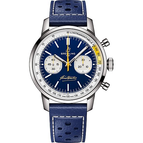 Breitling Herrenuhr mit Edelstahlgehäuse, blauem Zifferblatt und Lederarmband.