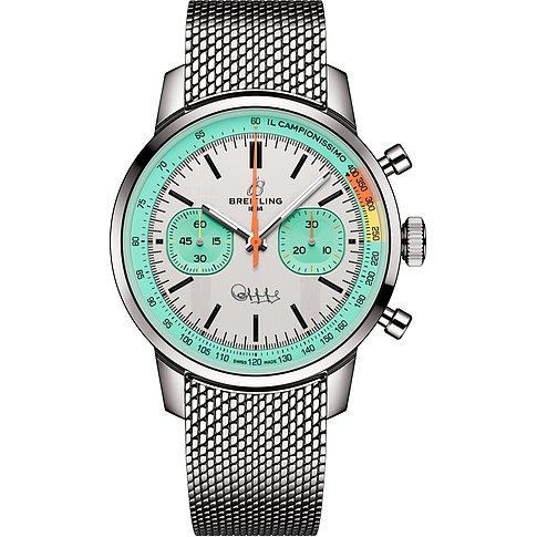 Breitling Herrenuhr aus Edelstahl mit analoger Anzeige und mintgrünem Zifferblatt.