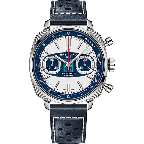 Breitling Unisexuhr mit Edelstahlgehäuse, weißem Zifferblatt und blauer Lünette.