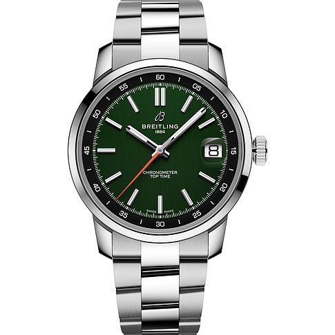Breitling Unisexuhr mit Edelstahlgehäuse und grünem Zifferblatt.