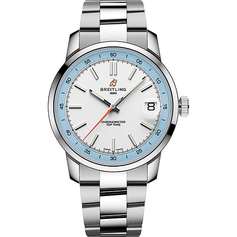 Breitling Unisexuhr mit Edelstahlgehäuse, weißem Zifferblatt und blauer Lünette.