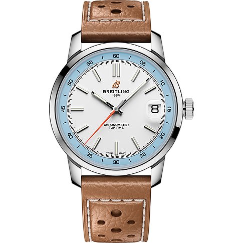 Breitling Unisexuhr mit Edelstahlgehäuse, weißem Zifferblatt und braunem Lederarmband.