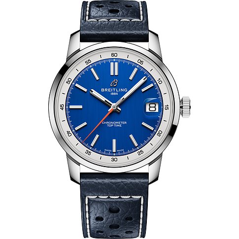Breitling Unisexuhr mit Edelstahlgehäuse, blauem Zifferblatt und Datum.