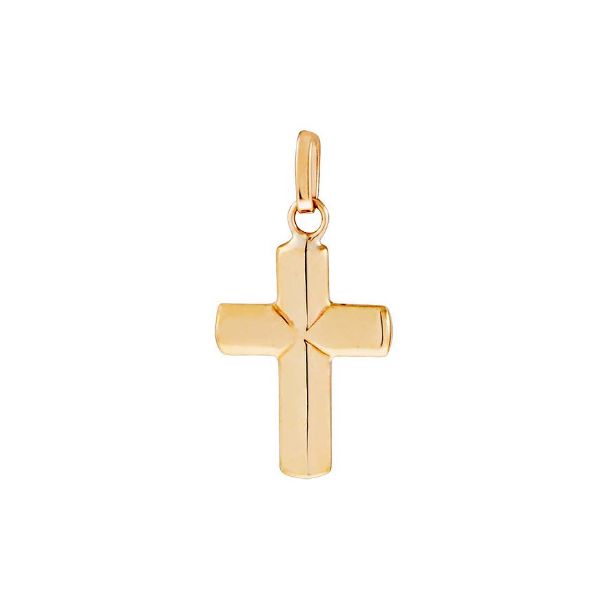 Ein FAVS Kreuzanhänger aus Gelbgold (375er Legierung) mit einem glänzenden, facettierten Design, das Licht reflektiert.