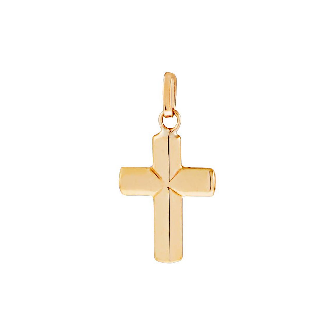 Ein FAVS Kreuzanhänger aus Gelbgold (375er Legierung) mit einem glänzenden, facettierten Design, das Licht reflektiert.