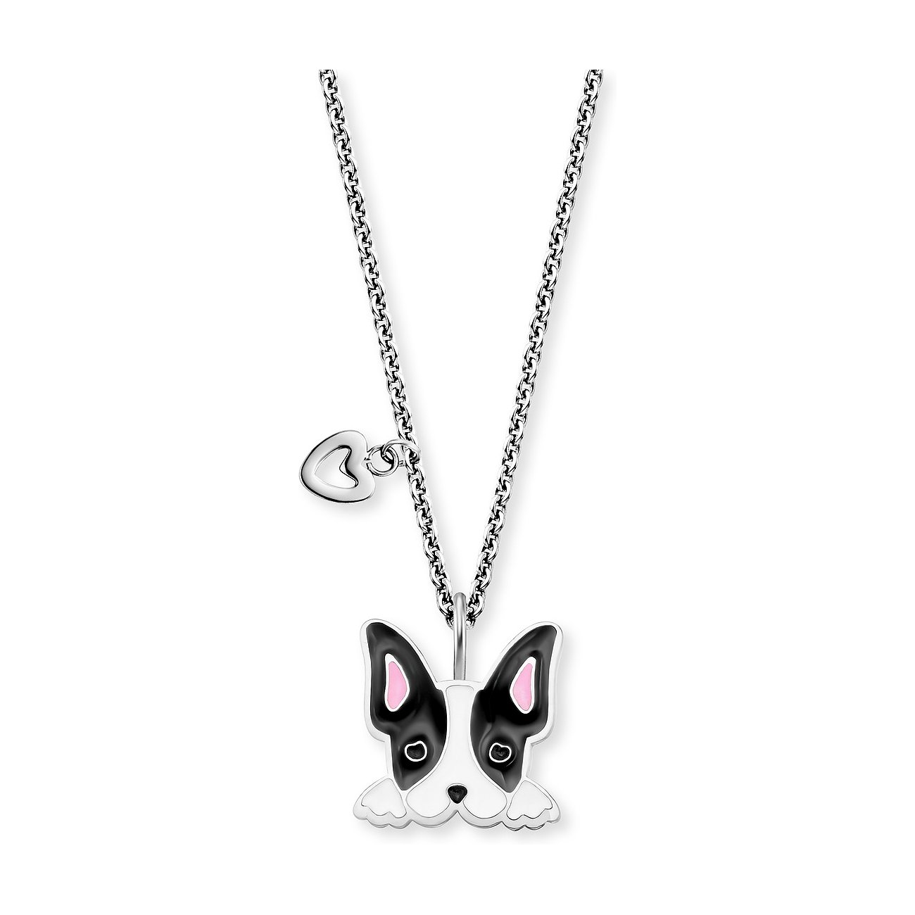 Engelsrufer Halsschmuck aus Edelstahl mit Emaille, Anhänger in Form eines Hundekopfes.