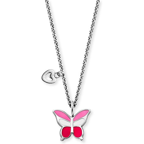 Engelsrufer halsband i rostfritt stål med fjärilhänge i rosa och vitt.