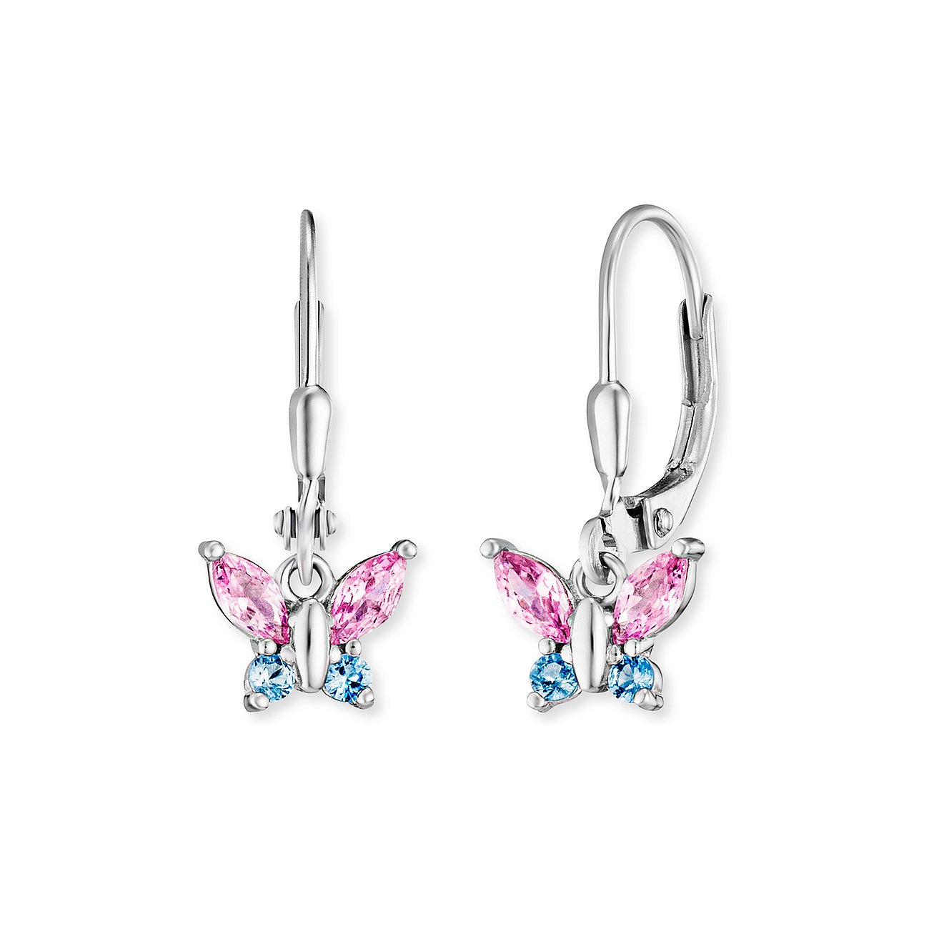 Engelsrufer Ohrringe aus Edelstahl mit Zirkonia, Schmetterling-Design, rosa und blau.