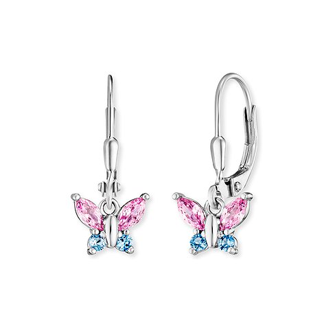 Boucles d'oreilles Engelsrufer en acier inoxydable avec zircon, design papillon, rose et bleu.