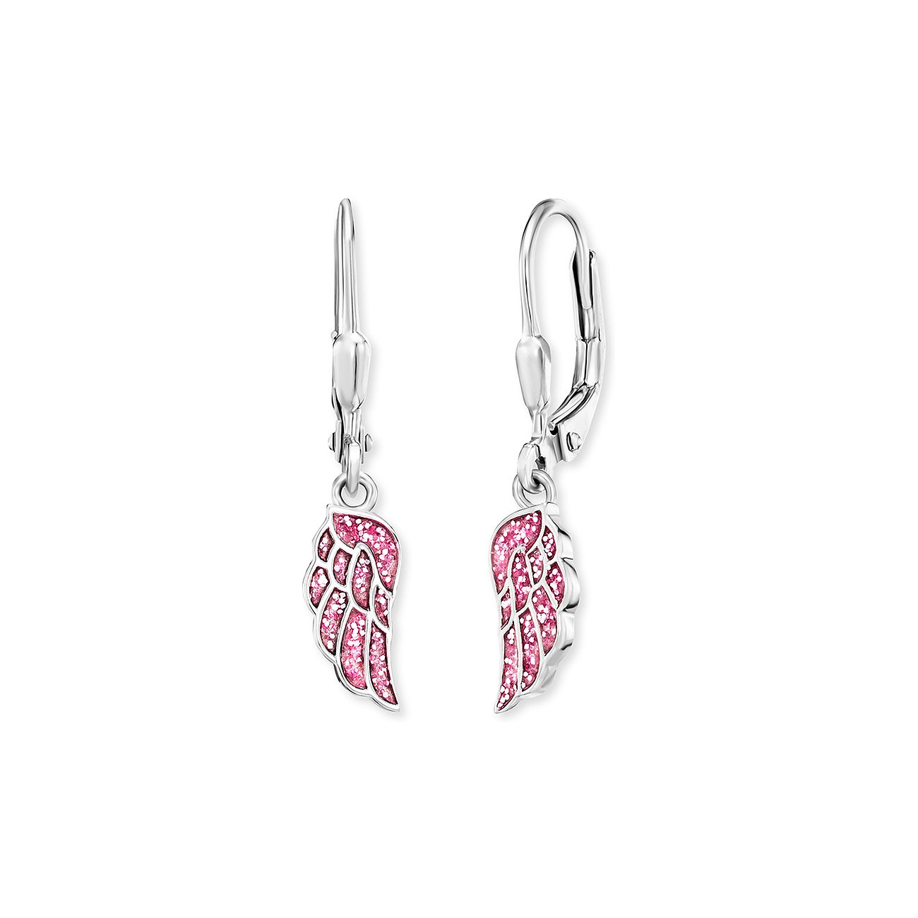 Engelsrufer Ohrringe aus Edelstahl mit rosa Emaille und Flügel-Motiv.