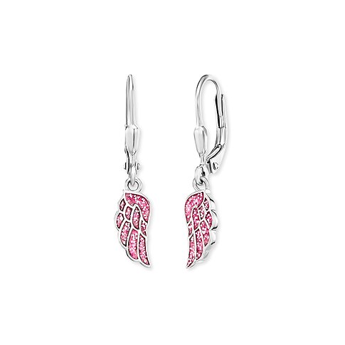 Engelsrufer Ohrringe aus Edelstahl mit rosa Emaille und Flügel-Motiv.